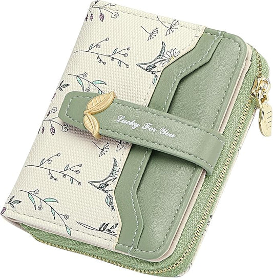 GAEKEAO Small Wallets Woman RFID Blocking Vegan Leather Bifold Floral Ladies Purse Card Holder with Zipper Pocket ID Window