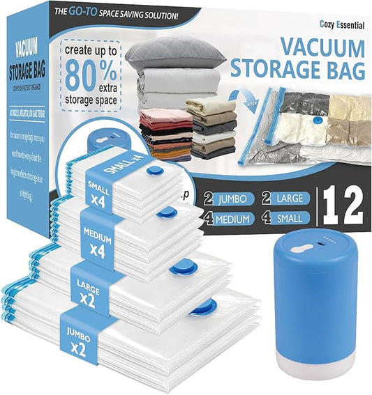 Cozy Essential 12 Pack Travel Vacuum Storage Bags with Rechargeable Wireless Electric Pump for Luggage, Suitcase, Carry-on...
