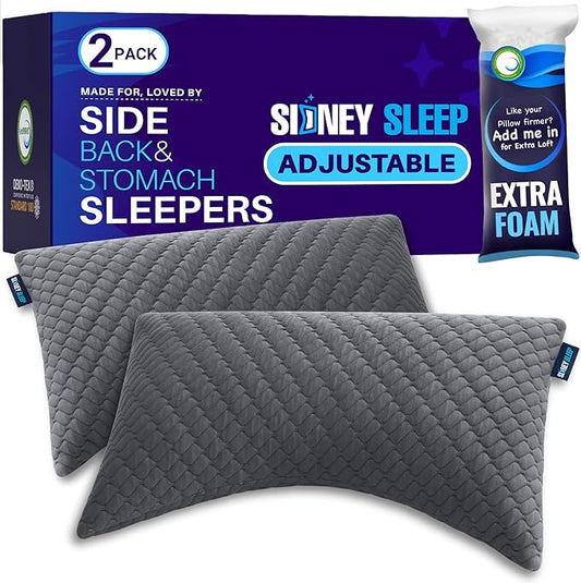 Sidney Sleep Set of 2 Queen Size Bed Pillows for Side and Back Sleepers - Adjustable Filling - Memory Foam Pillows for Nec...