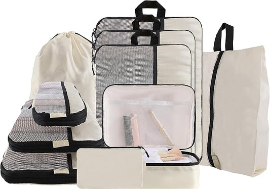 U+U 10 Set Compression Packing Cubes - Ultralight Cream Travel Organizers with Laundry Bag, Space-Saving Suitcase Organize...