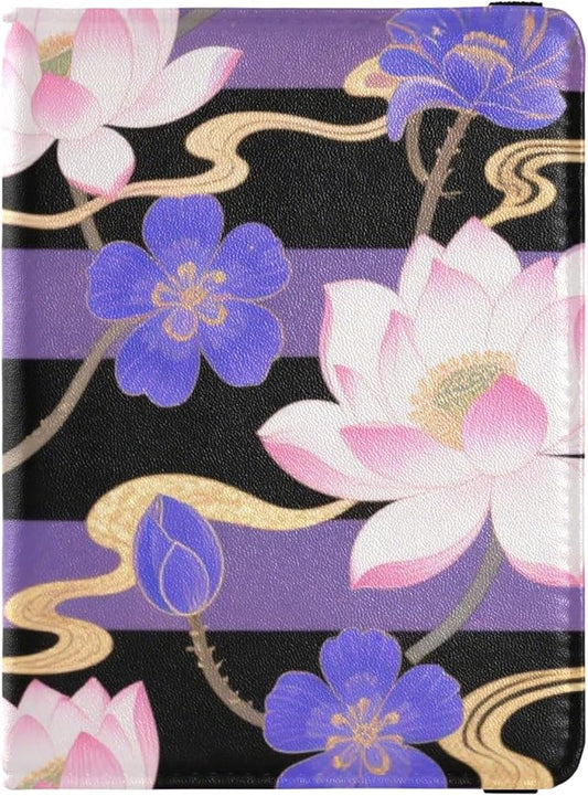 Golden Flowers with Purple Stripes Leather Passport and Vaccine Card Holder Combo Travel Documents Organizer Protector Pas...