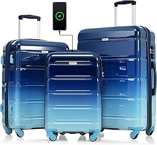 3 Luggage Sets, ABS Hardshell Suitcase Spinner Wheels with USB Port