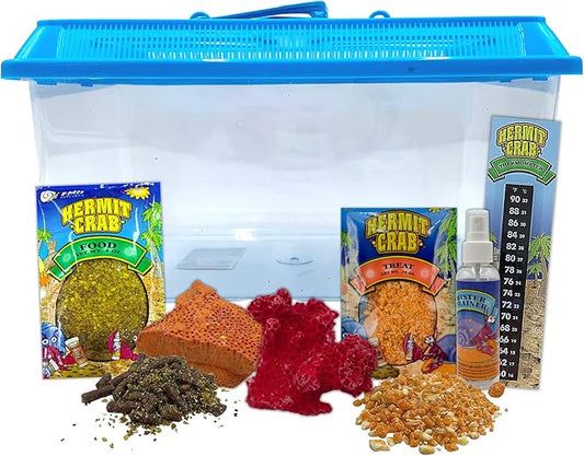 Needzo Hermit Crab Habitat and Food Kit, Starter Pack for Large Travel Cage with Lid, Food, Coral, Treats, and Thermomete...