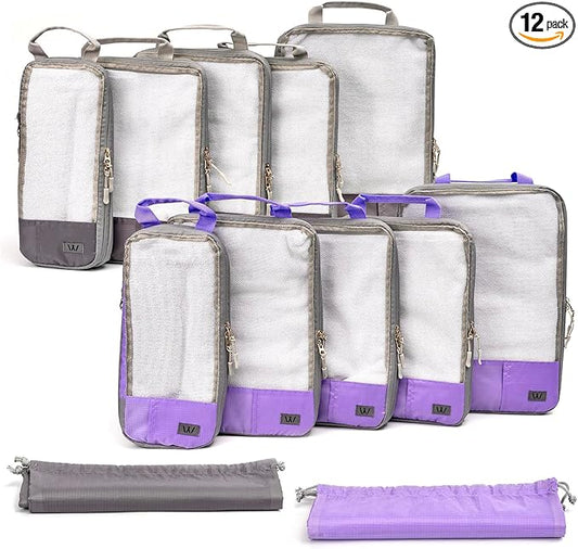 12 Pc Set Compression Packing Cubes - WONGLE His and Hers Family Travel Organizer Compressible Packing Cubes for Suitcase...