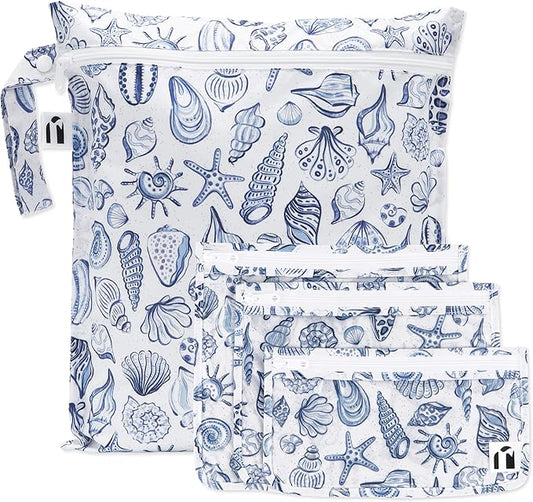 Bumkins Roamio Wet Bag and 3-Pack Clear-Sided Travel Pouches, Waterproof Fabric Organizer for Toiletries, Gym Clothes, Swi...