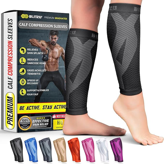 BLITZU Calf Compression Sleeve for Men & Women Footless Compression Socks Support Runners Leg Sleeve Shin Splints Pain Relief