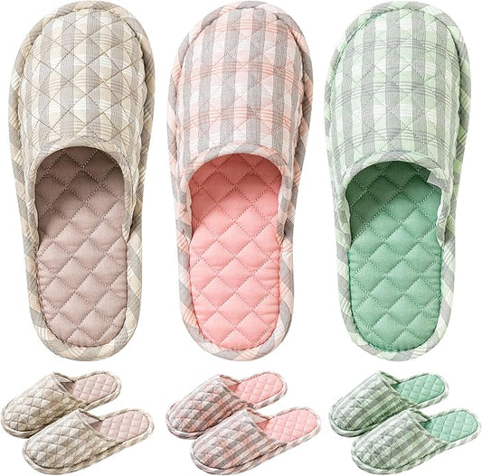 3 Pairs Floral Cotton House Slippers for Women, Open Toe Indoor Slippers Comfortable Washable Portable Foldable Guest Trav...