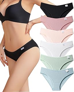 Cotton Underwear for Women Cute Low Rise Ribbed Bikini Breathable Sexy Hipster Womens Cheeky 6 Pack