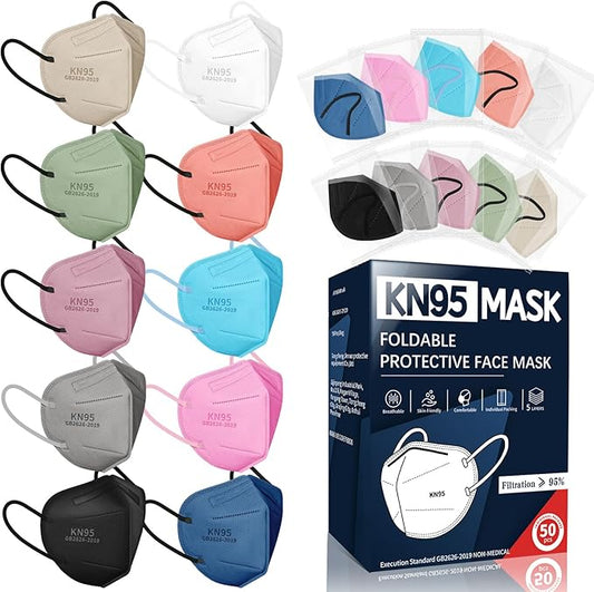 FENFEN KN95 Face Masks for Adults, 50 Pack 10 Colors Disposable KN95 Masks, 5 Layer Breathable Individually Wrapped Face M...