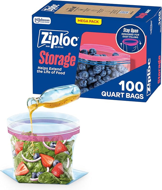 Ziploc Quart Food Storage Bags, Stay Open Design with Stand-Up Bottom, Easy to Fill, 100 Count