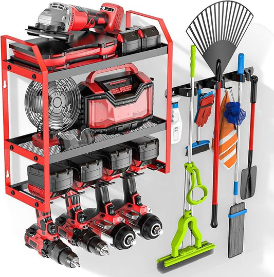 Ferreteriai Power Tool Organizer Wall Mount with Broom Holder Combo, Red & Black 3-Tier Garage Storage Rack with Battery S...