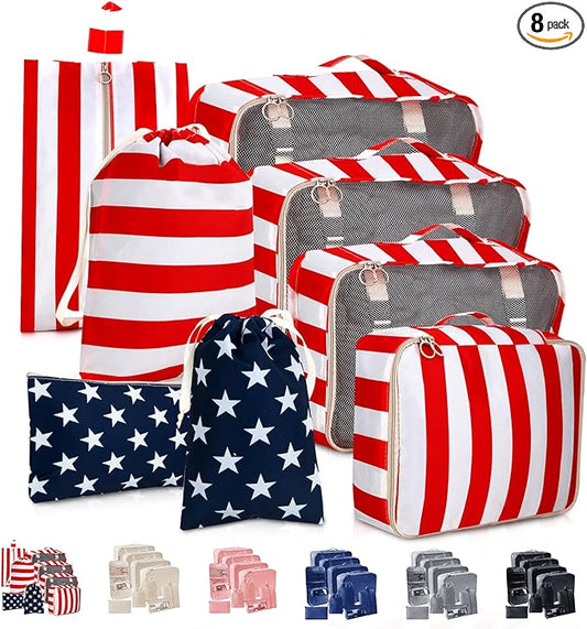 SLMT 8 Set 4th of July Packing Cubes for Suitcases, American Flag Luggage Organizer Bags for Carry On, Travel Bags Organiz...