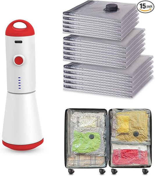 Travel Vacuum Storage Bags with Rechargeable USB Pump, 15 Pack Carry-On Size Compression Packing Bags for Luggage and Suit...