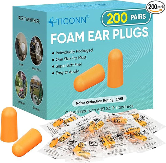 TICONN 200 Pairs Ear Plugs, 32dB Noise Reduction Earplugs for Sleeping Hearing Protection Travel Study Concentration Const...