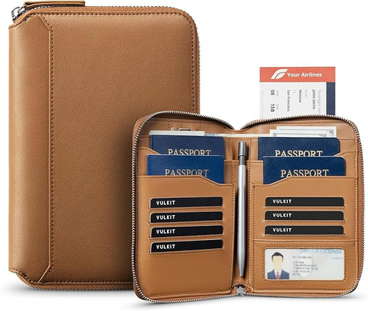 VULKIT Leather Passport Holder for 4-8 Passports Family RFID Blocking Passport Wallet with Zipper Travel Documents Organiz...