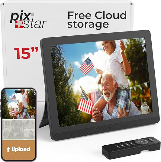 PixStar 15 inch Large Digital Frame WiFi | Free Unlimited Cloud | Share Videos and Photos by Email or App | Motion Sensor...