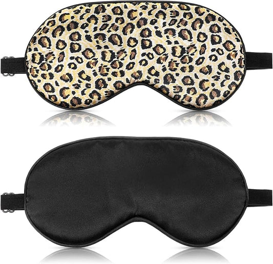 2 Pieces Silk Sleeping Mask with Adjustable Strap-Silk Eye Mask Soft Eye Cover Blindfold Eyeshade with Leopard Print, for ...