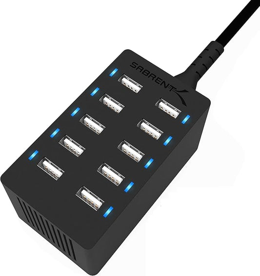 Sabrent 60 Watt (12 Amp) 10-Port [UL Certified] Family-Sized Desktop USB Rapid Charger. Smart USB Ports with Auto Detect T...