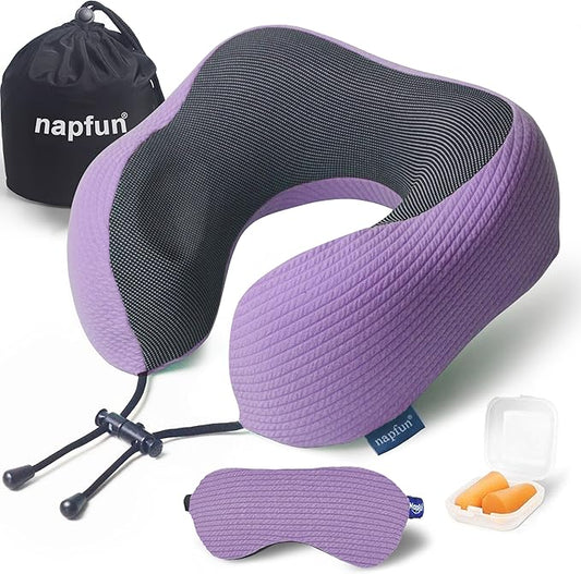 napfun Neck Pillow for Traveling, Upgraded Travel Neck Pillow for Airplane 100% Pure Memory Foam Travel Pillow for Flight ...