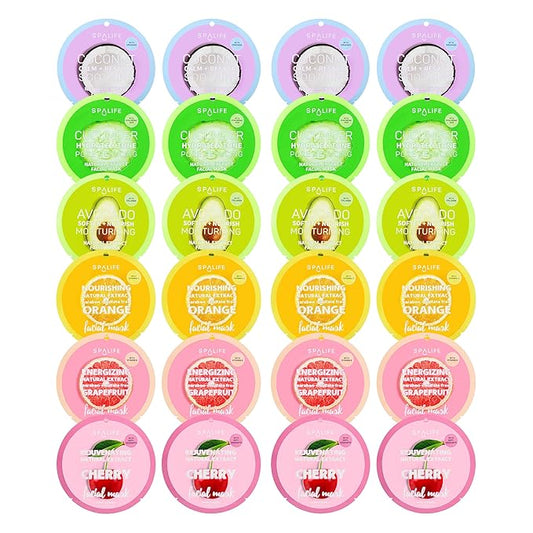SpaLife Beauty Fruit Facial Sheet Masks 24 Pack – Face Masks Skincare Set – Hydrating Face Masks – 6 Natural Fruit Extract...
