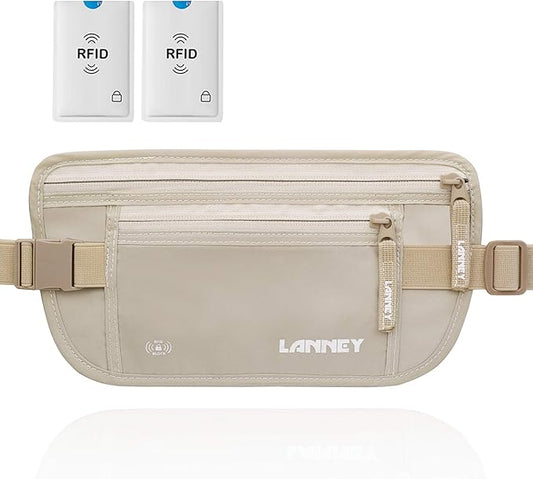 Travel Money Belt Hidden Waist Stash Wallet RFID Blocking Anti-Theft Passport Holder for Men Women, Cream
