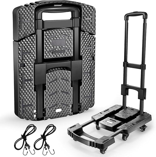 Voipvvii Folding Hand Truck 500lbs, Portable Heavy Duty Dolly Cart, 6 Wheels Collapsible Luggage Cart with 2 Elastic Ropes...