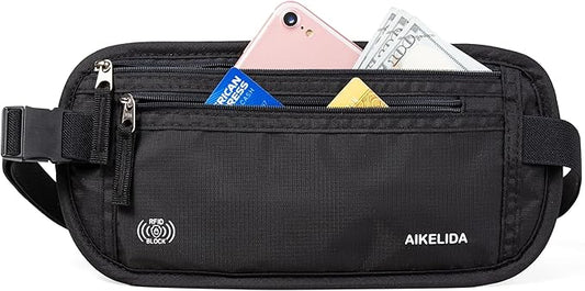 RFID Blocking Money Belt - Passport Holder & Travel Wallet, Slim Hidden Fanny Packs for Women Men - Black