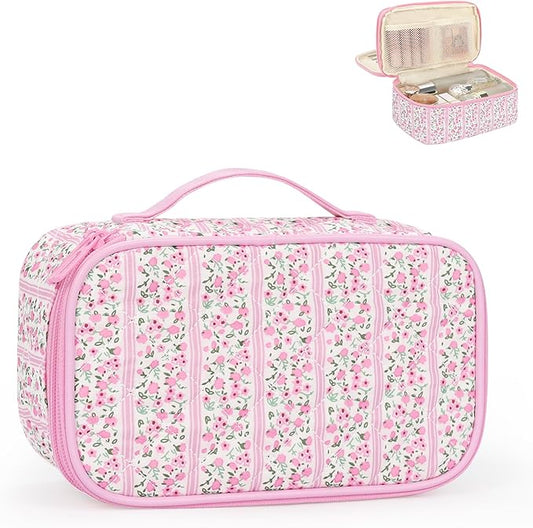Relavel Cute Makeup Bag for Girls, Portable Pink Cosmetic Bag, Dual-layer Makeup Pouch with Brush Holder, Multi-Functional...