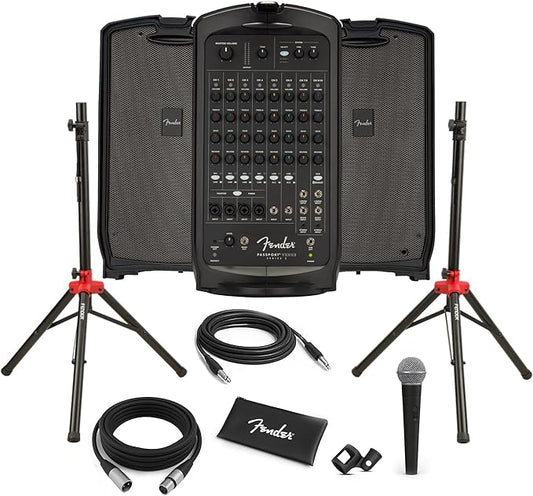 Fender Passport Venue S2 Portable PA System Bundle with Compact Speaker Stands, Microphone Kit, and Instrument Cable
