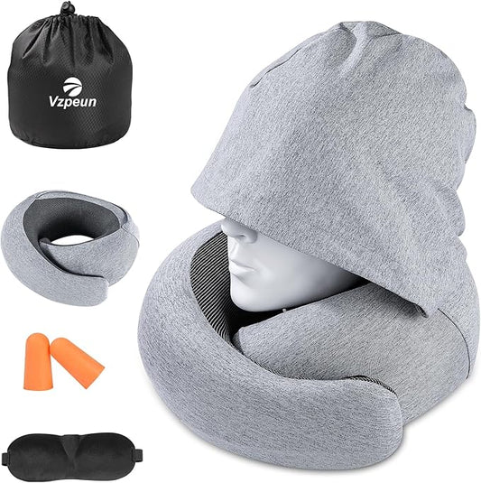Vzpeun Travel Pillow - Hooded Neck Pillow Airplane Memory Foam Filling for Plane, Office, Cars Sleeping, Road Trip, Long F...