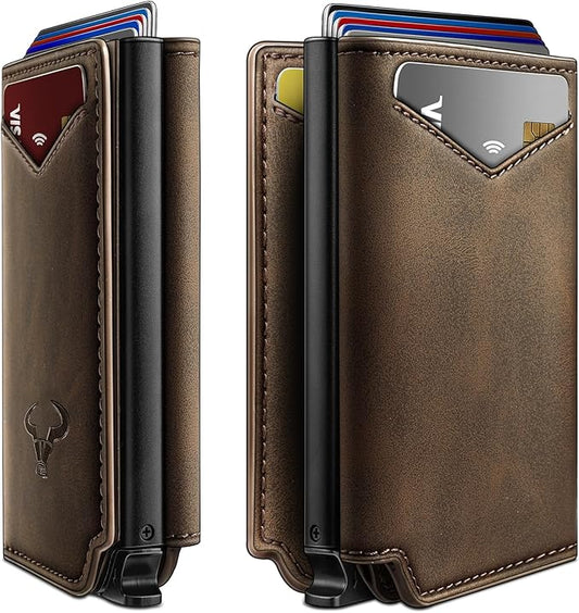 BULLIANT Men Wallet Leather Wallet Card Holders Money Clip for Men 10Cards-Magnetic Flip on Metal Case