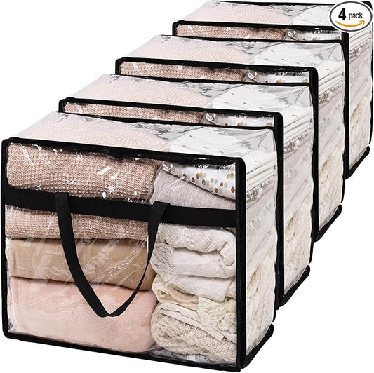 SGHUO Blanket Storage Bags 60L Extra Large Plastic Vinyl Clear Storage Bag for Clothes, Comforter, Bedding, Moving Bags wi...