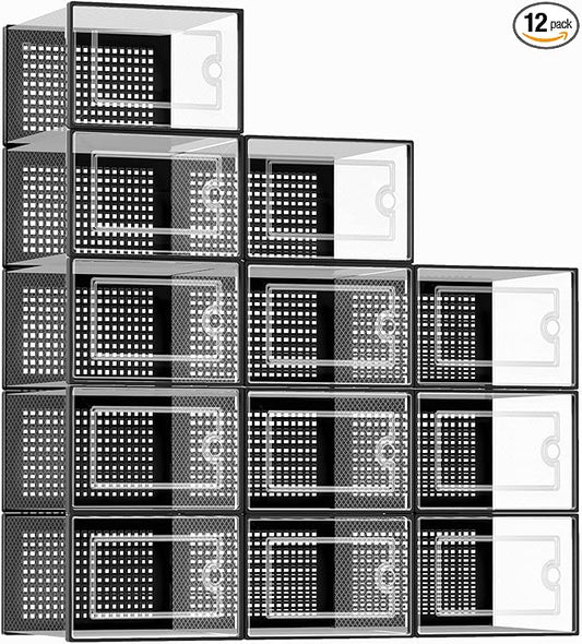 Kuject X-Large Shoe Storage Boxes Organizers Clear Plastic Stackable 12 Pack, Shoe Rack & Holder Substitute, Sneaker Conta...