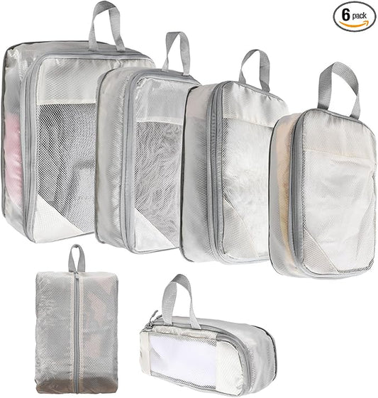 See Through Expandable Compression Packing Cubes, 6 Set Mesh Travel Packing Cubes for Suitcases, Lightweight Organizers Ba...