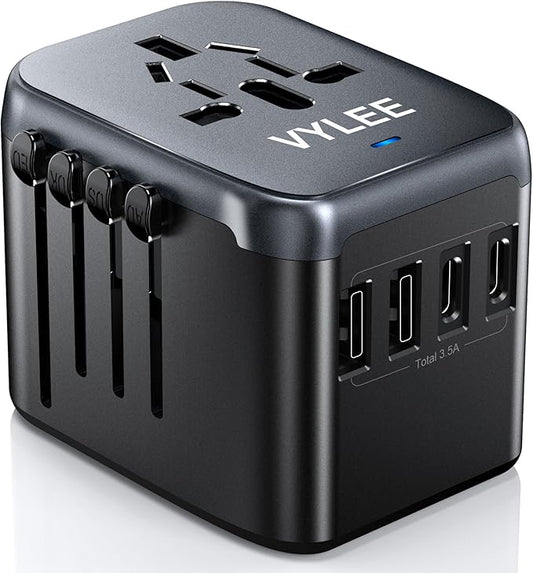 Universal Travel Adapter, VYLEE 5 in 1 International Power Adapter, 3.5A 2xUSB-A and 2xUSB C Wall Charger, Worldwide Trave...