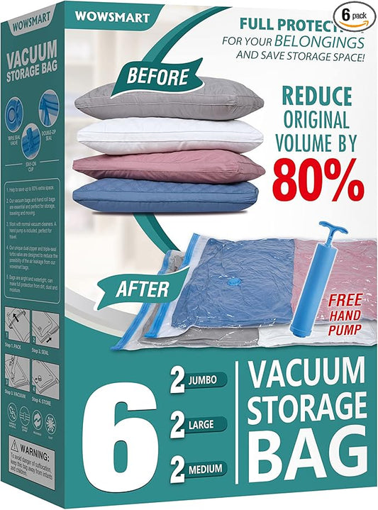 6 Pack Vacuum Storage Bags with Hand Pump, 80% Space Saver Vacuum Seal Storage Bags for Clothing, Travel Lugggage, Blanket...