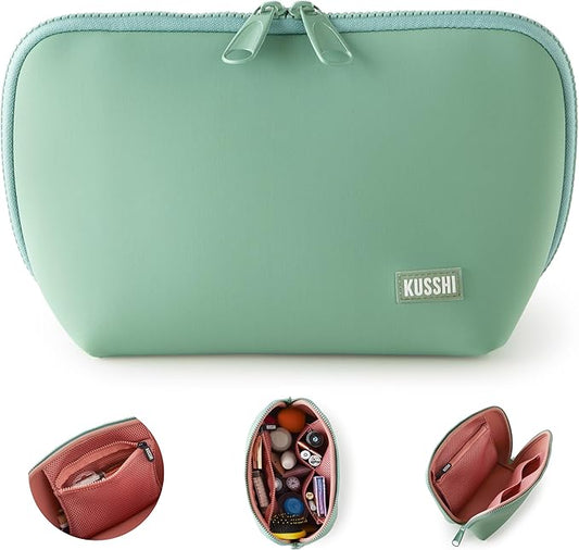 KUSSHI Neoprene Makeup Bag - Washable Makeup Bag for Stress Free Travel (Sage/Coral Rose)