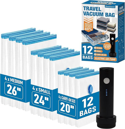 12 Pack Travel Vacuum Storage Bags with Rechargeable Wireless Electric Pump, Travel Packing Bags for Luggage and Suitcase,...