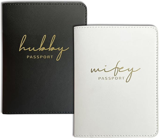 Mr&Mrs Gifts Matching Passport Holders for Bride and Groom, Hubby&Wifey Gold Foil Logo, Dual PU Leather with Card Pockets,...