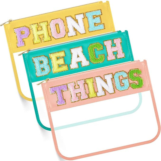 3 Pcs Chenille Letter Zipper Pouch for Travel Clear Snack Bags Waterproof Cosmetic Pouch Nylon Gym Beach Multipurpose Make...