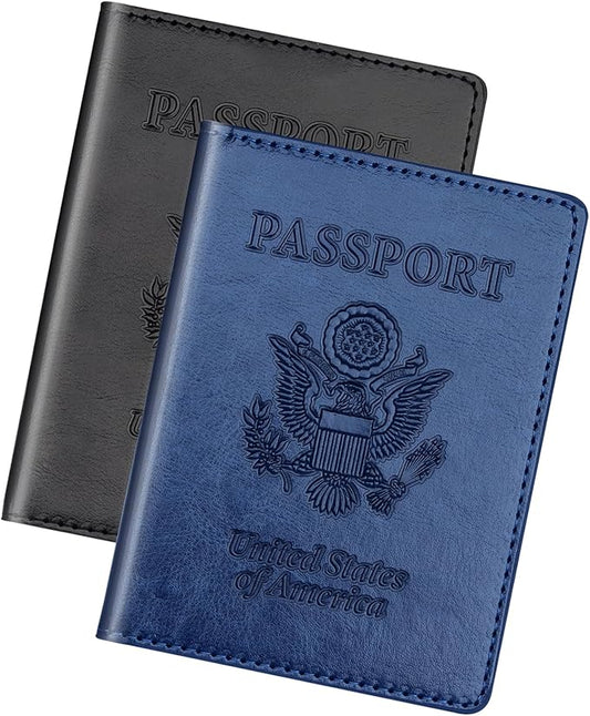 Herain Black & Dark Blue Passport Holder for Travel, Passport Cover Wallet Case 2 Pack Women Men Family Cruise Ship Essent...