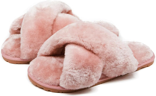 Crazy Lady Women's Fuzzy Fluffy House Slippers Cute Plush Memory Foam Shoes Cross Band Indoor Outdoor Open Toe Sandals