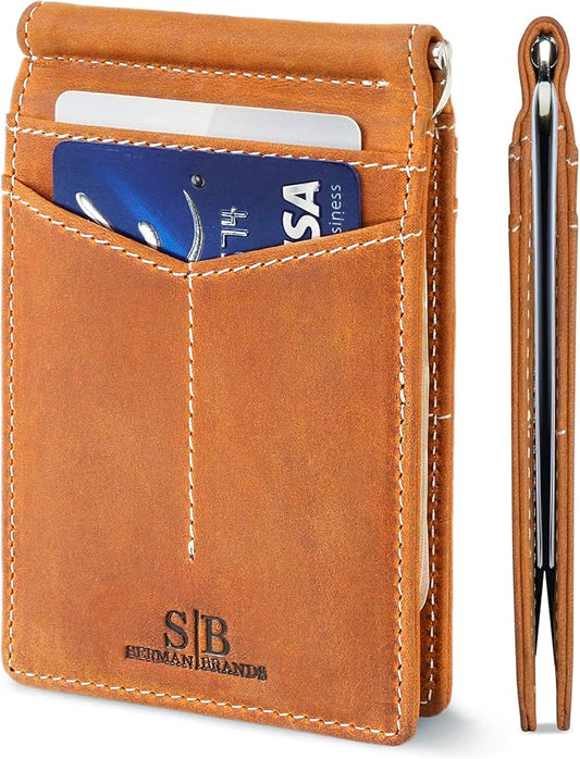 SERMAN BRANDS RFID Blocking Wallet Slim Bifold - Genuine Leather Minimalist Front Pocket Wallets for Men with Money Clip G...