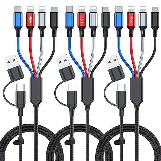 6 in 1 Multi Charging Cable 3Pack-6FT Multi USB Cable 3A Multi Charger Cable Braided Multiple Phone Charger Cable Universa...