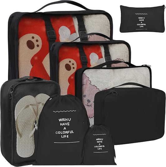 8 Set Packing Cubes for Suitcases, kingdalux Black Travel Luggage Packing Organizers with Laundry Bag, Compression Storage...