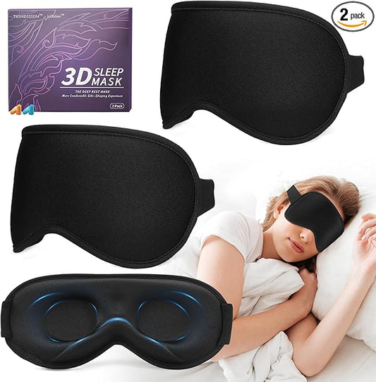3D Sleep Mask for Men Women 2 Pack, Blackout Eye Mask for Sleeping Eye Mask for Side Sleeper, Memory Foam Adjustable&Washa...