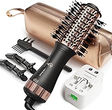 110-240V Travel Brush Hair Dryer, Small Hair Straightener Brush with European Plug Adapter for International Travel, 4 in ...