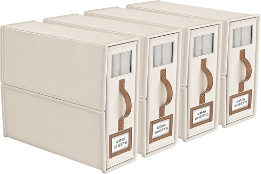 BigPonPon 4 Pack Foldable Bed Sheets Set Organizers and Storage(King & Queen Size),Linen Fabric Closet Organizers with Win...