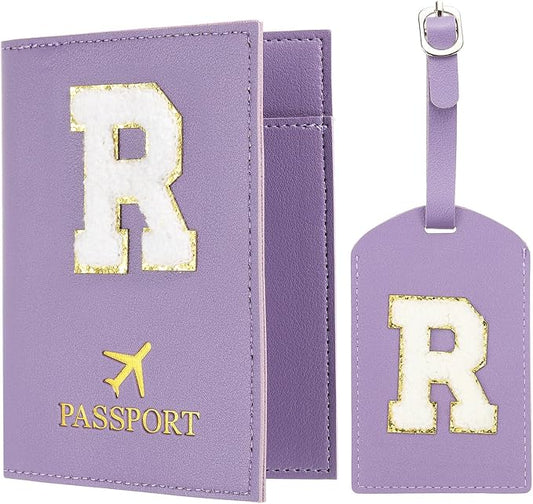 PATIKIL Passport Holder for Travel, Initial Passport Cover and Luggage Tag Set with Alphabet Chenille Letter Patch Travel ...