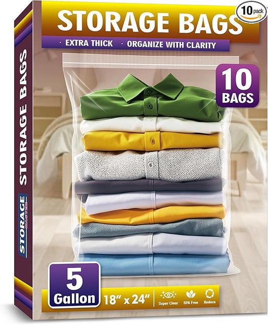 Extra Large 5 Gallon Zippered Plastic Bags for Storage- 18'' x 24'', Ideal for Clothes Clothing, Travel, Moving, 2-mil Thi...